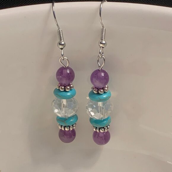 Amethyst Turquoise Austrian Crystal Handmade Pierced Earrings LR132 - Picture 2 of 4